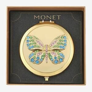 MONET Compact Mirror Butterfly Gold Tone Rhinestone New in Box
